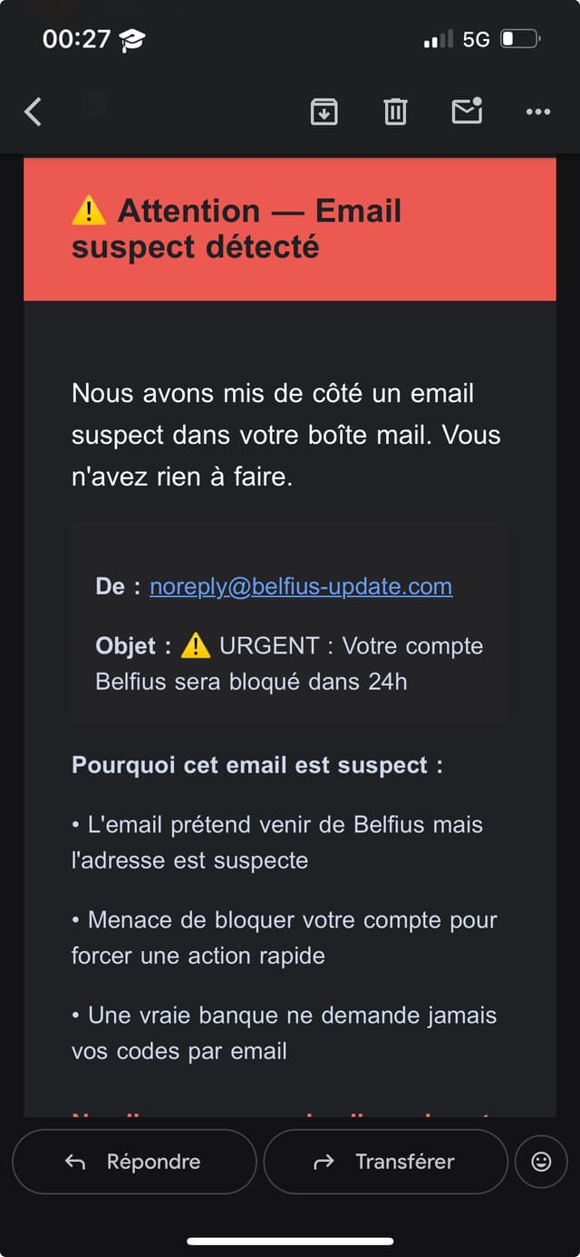 Exemple d'alerte MamieBlindée — email Belfius suspect détecté